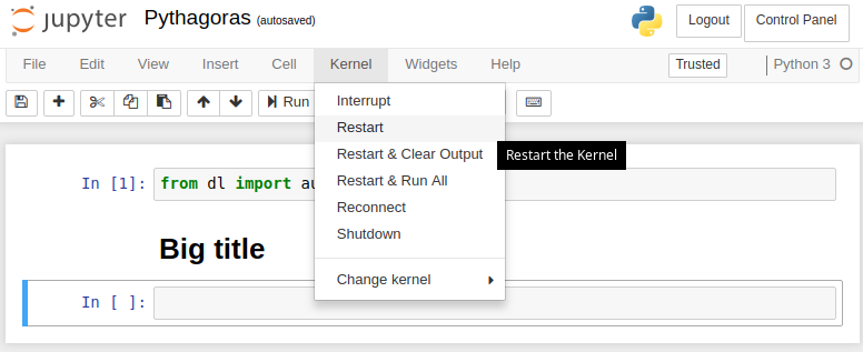 Restart kernel menu